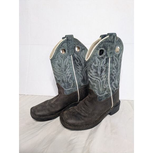 Old West BSC1884 Cowboy Boots Blue‎ Brown Leather Square Toe Little Kids Sz 13.5 - Picture 1 of 8